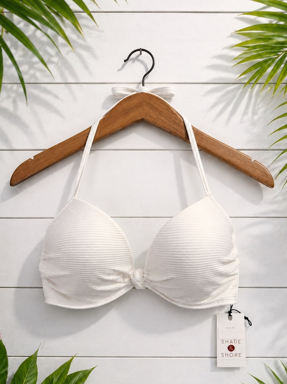 Shade & Shore Cream Ribbed Halter Bikini Top with Front Knot